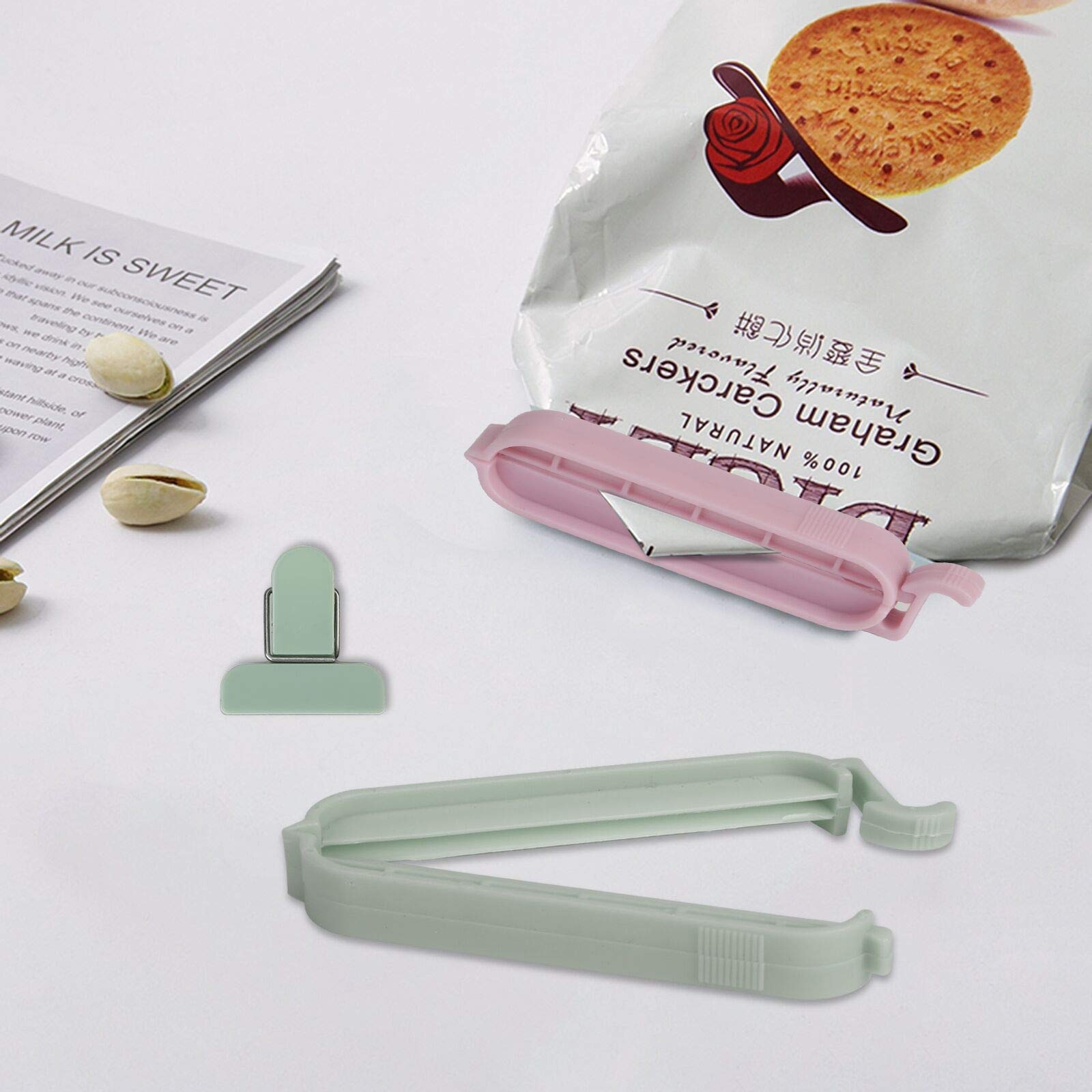 Matogle 48 Stücken Verschlussklammern Verschlussclips Beutelverschluß Klemmen Verschluss für Lebensmittel und Snacks, aus Kunststoff und luftdicht, in 3 Größen(Grün, Grau, Pink)