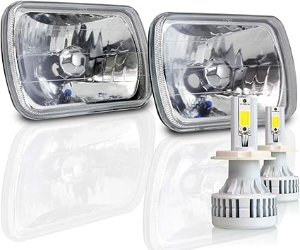 7/" X 6/"  CHROME GLASS HEAD LIGHTS WHITE  LED HEADLIGHTS H4 H6014 H6052 H6054