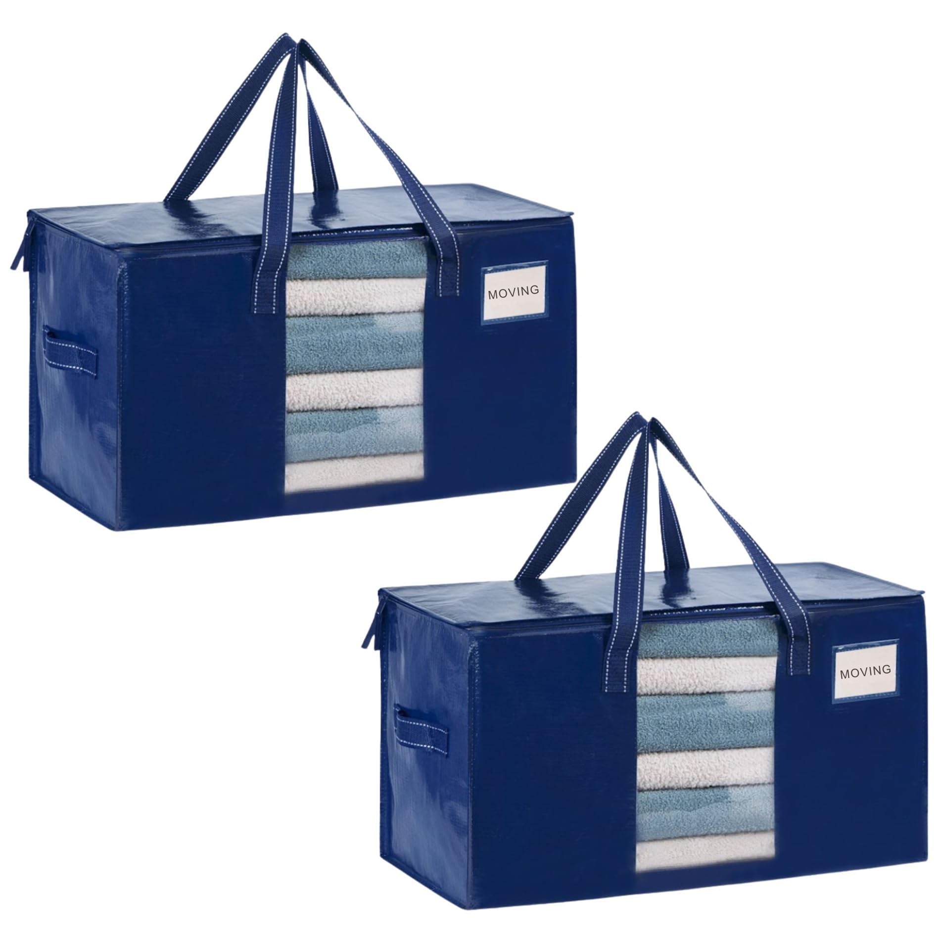 VENO 2 Pack Extra Large Moving Bags,Clothes Storage Bags with Clear Window for Blankets Bedding,Waterproof Underbed Storage Packing Boxes,Laundry Bags Organiser (Blue, 2 Pack)