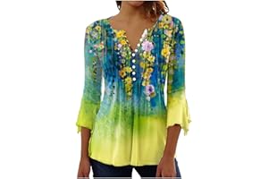 SHOPESSA 3/4 Sleeve Tops for Women Dressy Button Up Flowy Shirt Cute Summer Graphic Tees Womens Clothes Spring 2024
