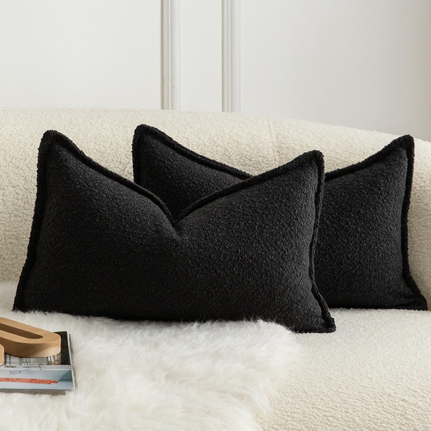 Mandioo Pack of 2 Cushion Covers 30cm x 50cm Decorative Accent Solid Woven Textured Throw Pillow Covers cases Bedroom Living Room Couch Sofa Home 12 x 20 Inch Black