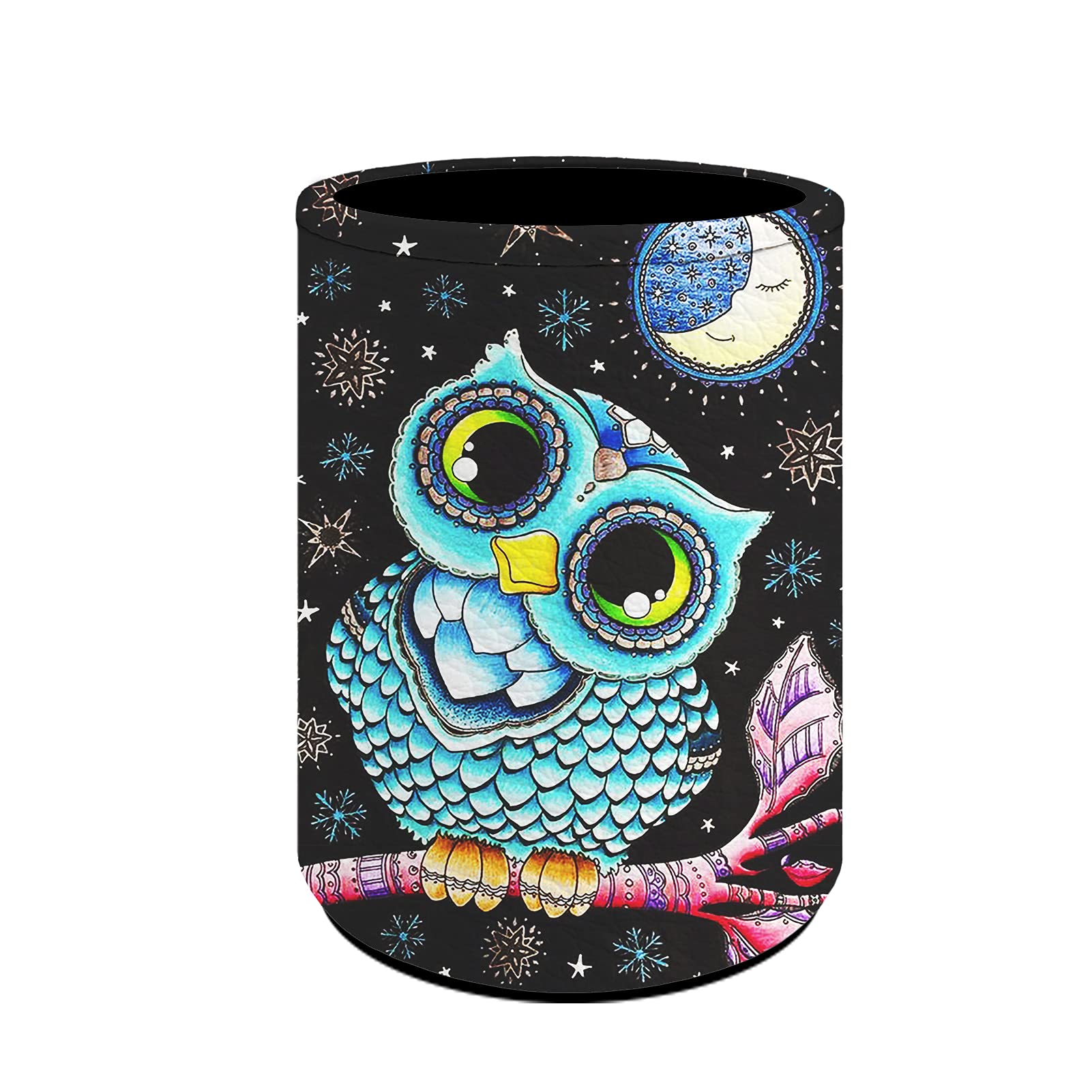 Coloranimal Owl Pen Holder Round PU Makeup Brush Holders School Student Pencil Case Office Home Desk Storage Accessory Desk Stand Decor