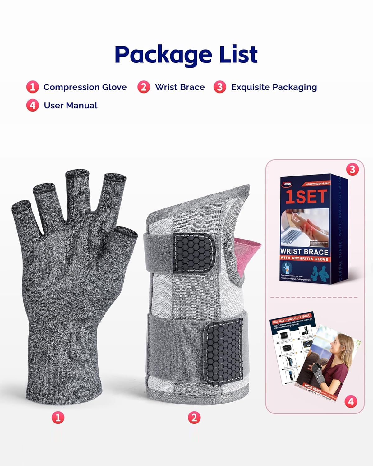 FEATOL Compression Arthritis Glove with Wrist Brace, Comfortable Fingerless Carpal Tunnel Hand Gloves for Women Night Support, Pain Relief for Rheumatoid Arthritis, Work, Typing - Right Hand, Medium