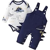 Bekarsy Baby Boy Clothes Fall Winter Outfits Infant Dinosaur Romper Cartoon Adjustable Suspender Overalls Pants Set