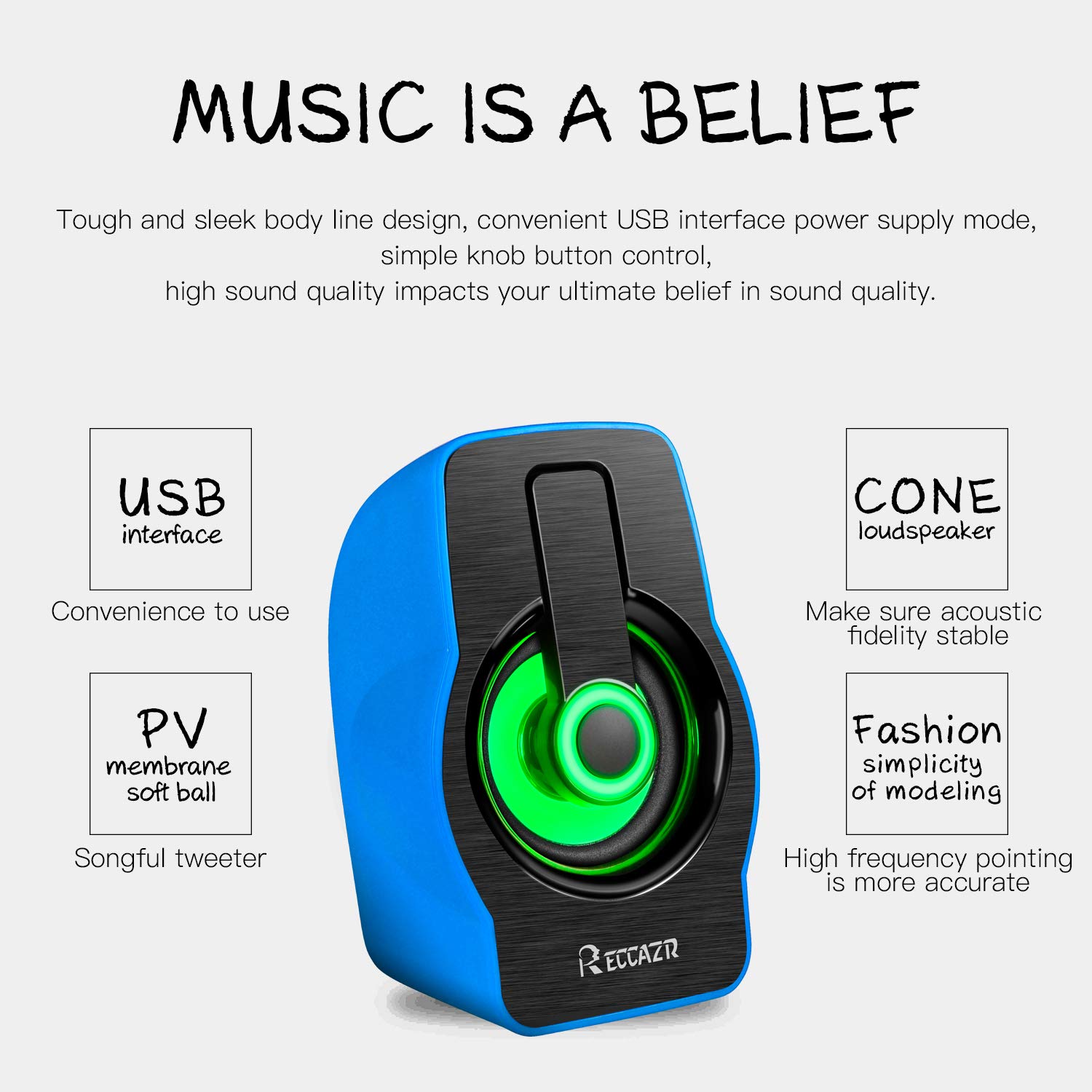 USB Powered Computer Speakers, Reccazr SP2070 Multimedia Stereo Sound Speakers with 7 Colors Breathing Lighting for PC(with3.5mm AUX and PC Input)-Blue