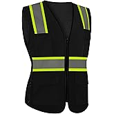 LIZMOF Black Safety Vest for Women, High Visibility Reflective Vest, Neon Hi Vis Work Apparel with Pockets and Zipper, Durable, ANSI Compliant, Black, M