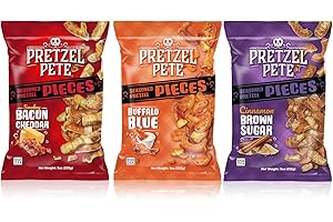 Pretzel Pete Variety Pack (Buffalo Blue Cheese, Smokey Bacon Cheddar, Cinnamon Brown Sugar) Seasoned Pretzel Pieces, Non-GMO Ingredients, Small Batch, Bold Flavor, 9oz (3 Pack)