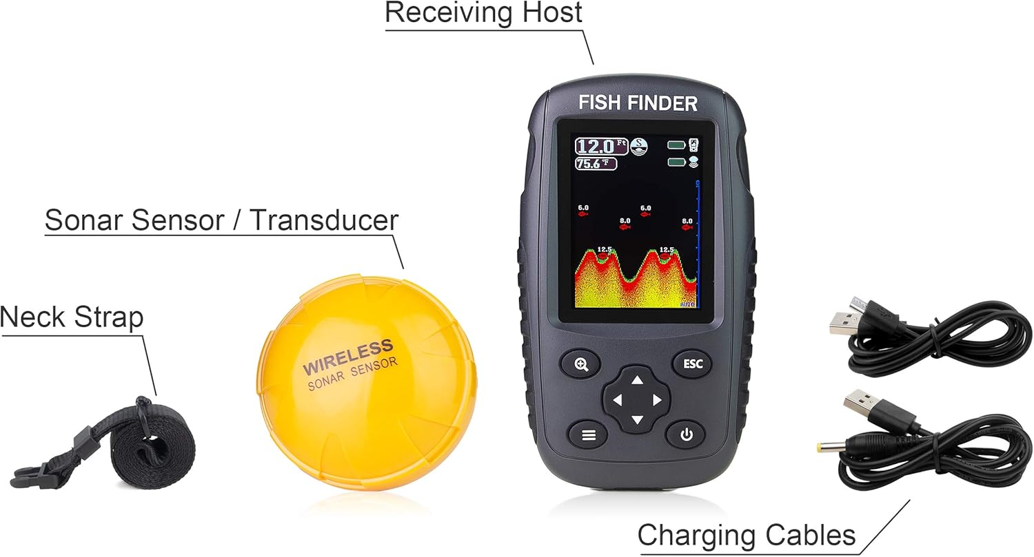 Venterior Portable Rechargeable Fish Finder Wireless Sonar Sensor Fishfinder Depth Locator with Fish Size, Water Temperature, Bottom Contour, Color LCD Display: GPS & Navigation