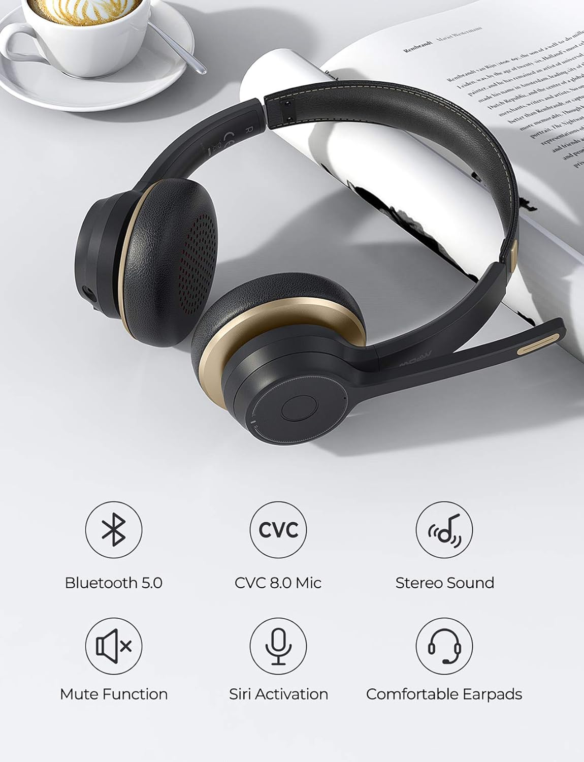 Mpow Bluetooth Headset V5.0 with Dual Microphone, Wireless PC Headphones,CVC8.0 Noise Canceling, On Ear for Computer,Cell Phone, Call Center, Office, Skype, 22 H Talk Time,Soft Earpad (Wired Optional): Electronics