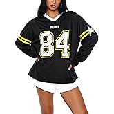 Oversized Jersey Shirts for Women - Long Sleeve V Neck T Shirt Y2K Number Graphic Tees Blouse Tops Streetwear
