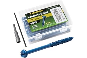 LIONMAX Concrete Screw Anchor, 50-PCS 3/16 Inch x 3-1/4 Inch Hex Head Concrete Screws for Masonry Stucco Brick or Cement, Diamond Tip, Rust Resistant Blue Coated, 1 Hex Socket and 1 Drill Bit