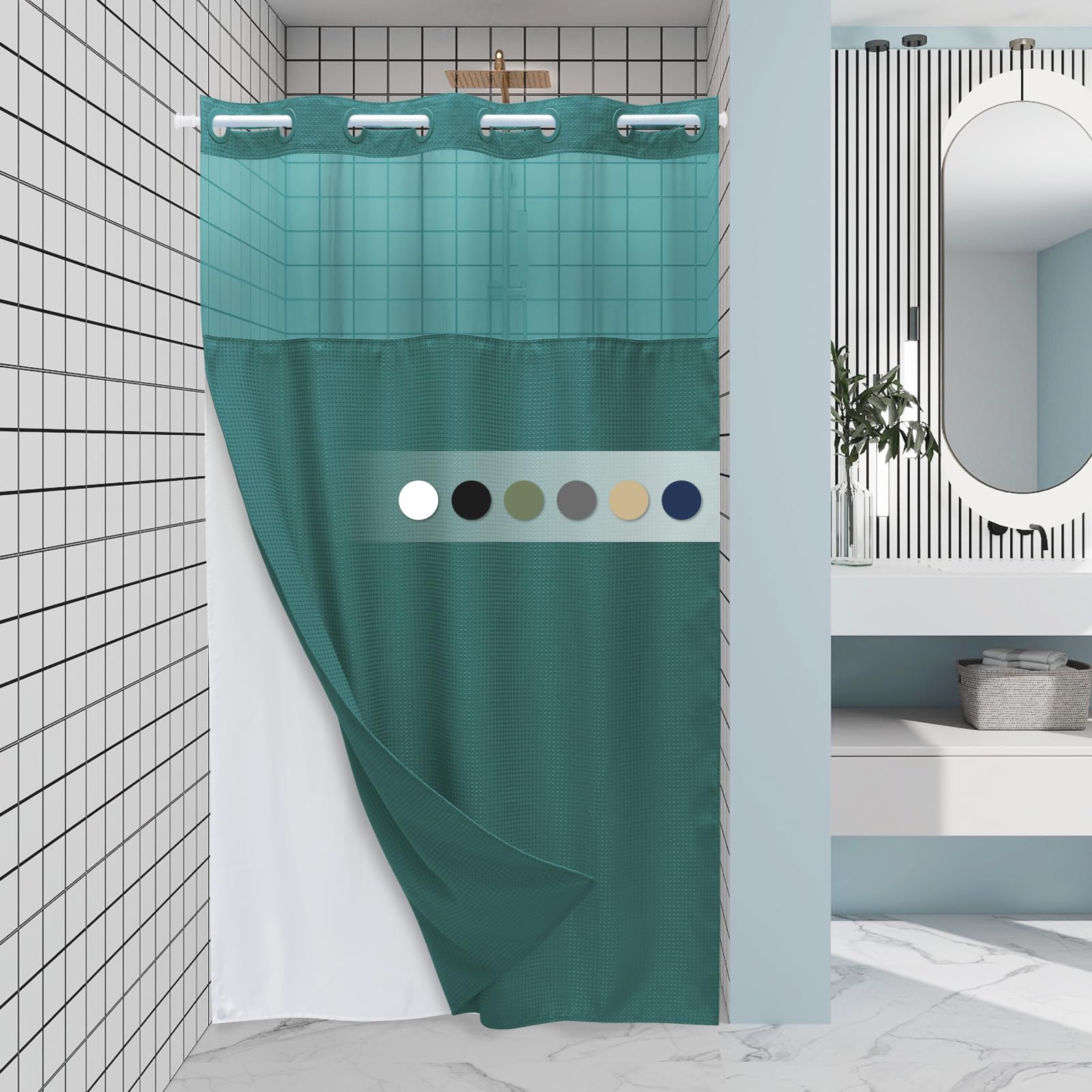 EUTXL Seaweed Green Stall No Hook Shower Curtain with Snap in Liner,230GSM Waffle Weave Shower Curtains for Bathroom,54W x 80H Image