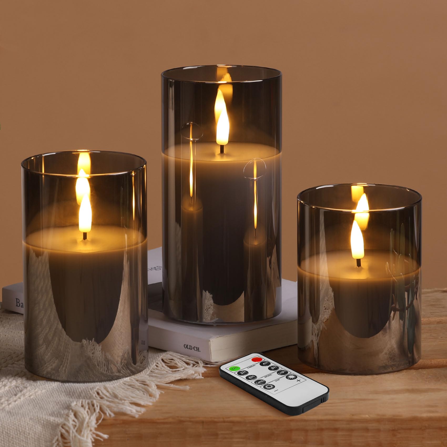 Eywamage Silver Grey Glass Flameless Flickering Candles with Remote, 3 Pack Realistic LED Fake Candles ∅ 3" H 4" 5" 6"