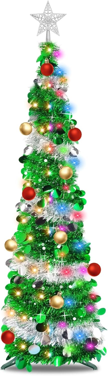 Trees - [ Dual Color Switch & Timer ] 5 Ft Pencil Christmas Tree with 50 Warm White & Multi Color Change Lights 10 Balls Ornaments 3D Star Sequins Tinsel Full Tree Christmas Decorations Home(Green Silver)