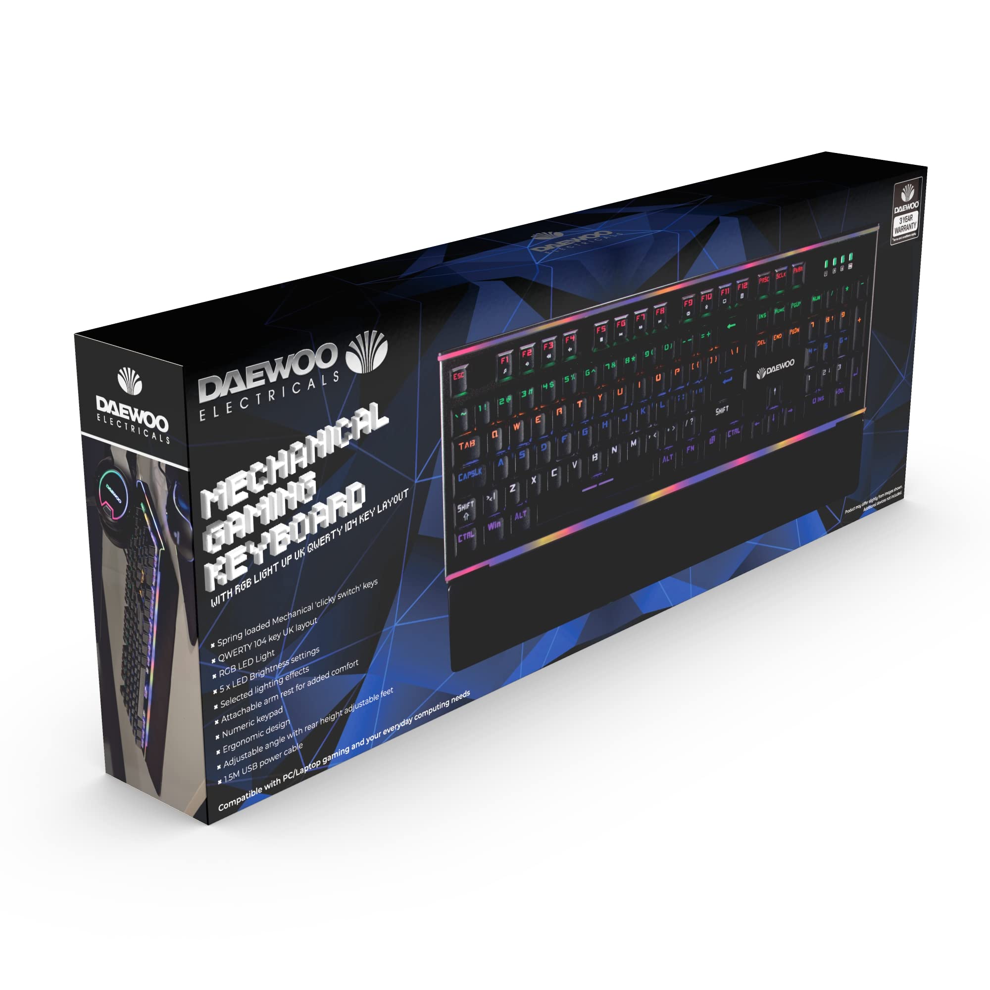 Daewoo Mechanical Gaming Keyboard, RGB LED Light Up UK Qwerty 104 Key Layout