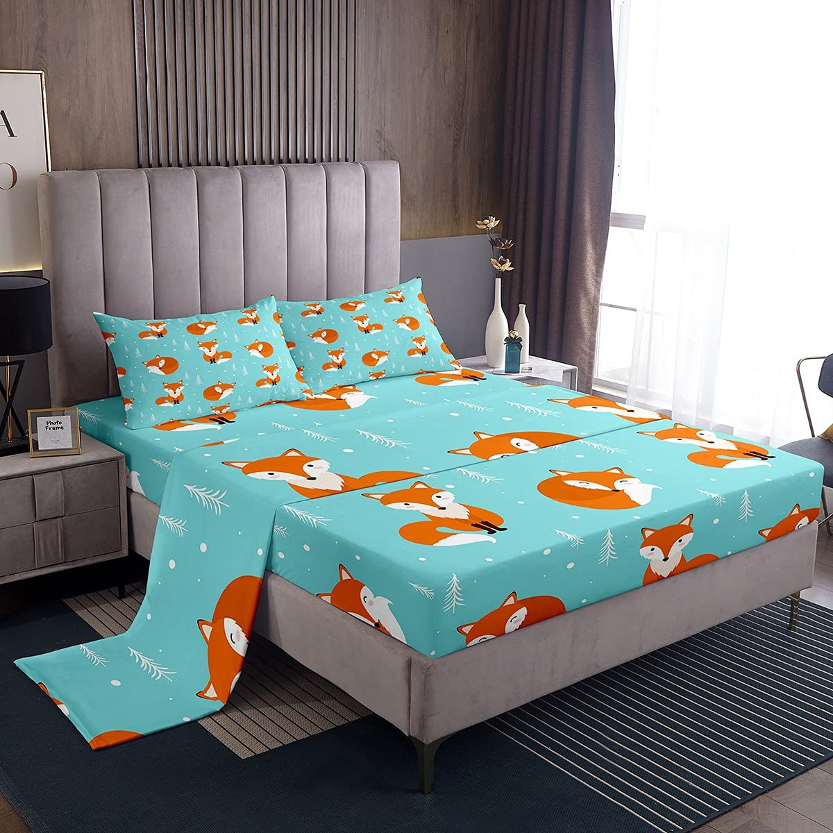 Kids Bed Sheets Double Size Cute Fox Print Bed Sheet Set For Boys Girls Bedroom Cartoon Kawaii Woodland Fox Wild Animal Bedding Set Children Toddler Fitted Sheet + Flat Sheet + 2 Pillow Case