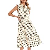 Allegra K Polka Dots Midi Dress for Women's Peasant Tie Neck Ruffle Sleeve Dresses