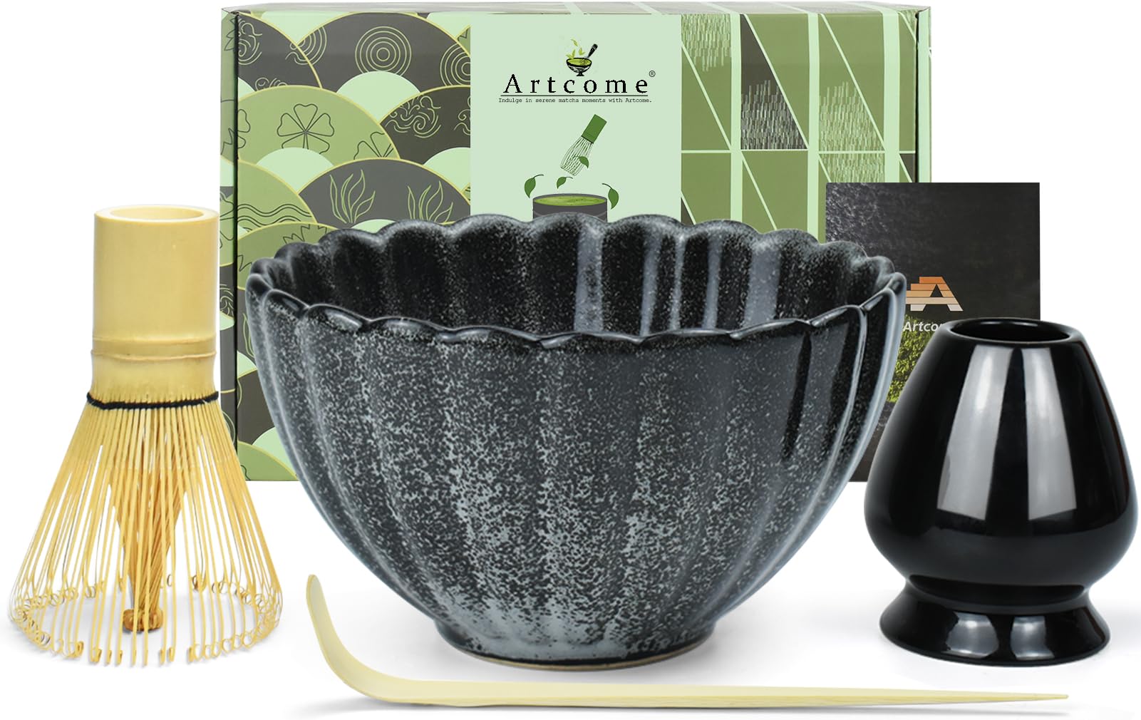 Photo 1 of ** MISSING PARTS ** Artcome Matcha Tea Set - 17oz Petal-Shaped Matcha Bowl, Bamboo Whisk, Scoop, Whisk Holder & Brewing Guide - Japanese Tea Ceremony Tools for a Perfect Matcha Experience, Black