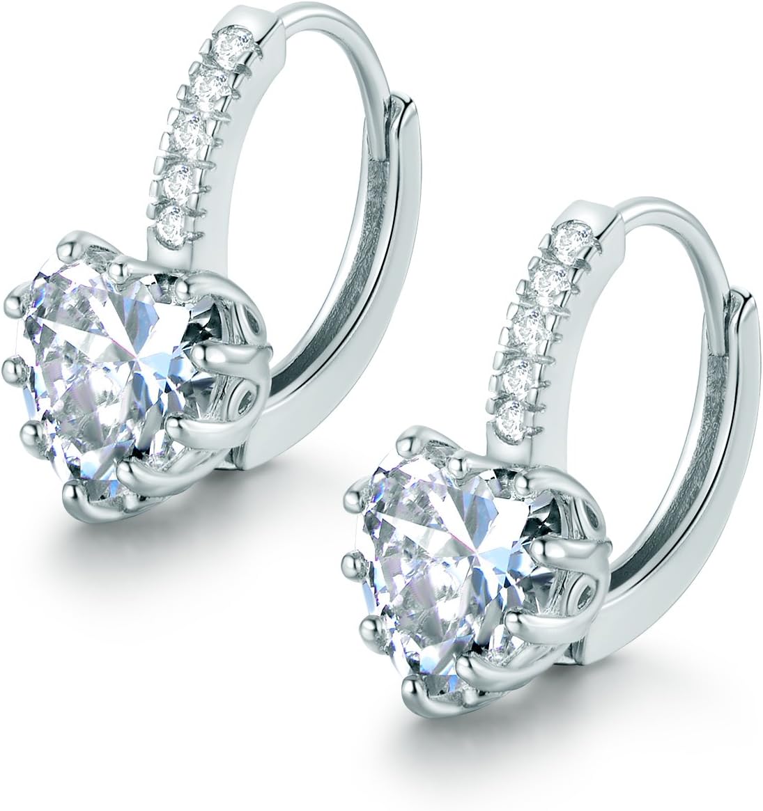 Hanie Leverback Earrings Silver Tone Huggie Hoop White Heart Zircon CZ Leverback Earrings
