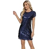 FEMI SEMI Women's Crewneck Sequin Shift Dress Short Sleeve Casual Holiday Sparkly Party Dress