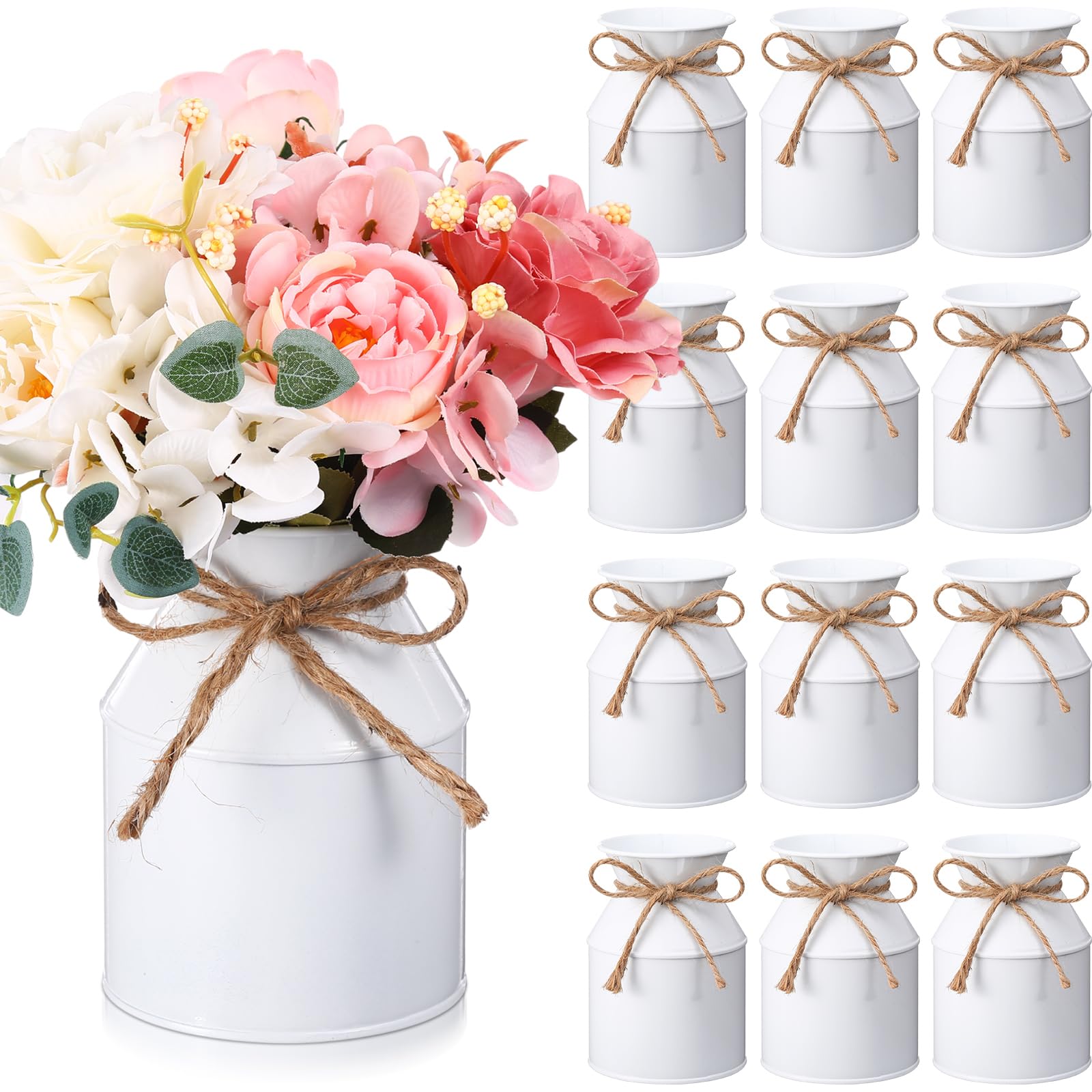 Photo 1 of Domensi 5.12 Inch Farmhouse Metal Flower Vase Decor Rustic Galvanized Milk Can Jug Vase with Bow Flower Buckets for Table Centerpiece Fall Halloween Wedding Home Dinging Room Decor(White,12 Pcs)