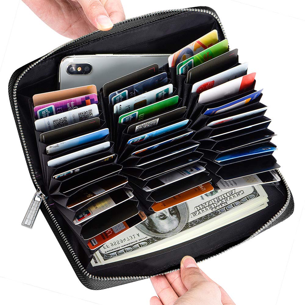 Credit Card Wallet Leather RFID Card Case Wallet for Women Huge Storage Capacity (Black)