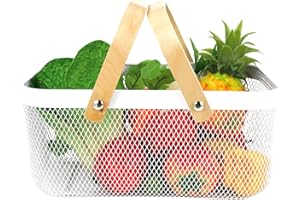 KABOER Metal Mesh Storage Basket Garden Harvest Basket,15.7x 9.8 x 7.1 Inch Rectangle Picnic Basket with Double Wooden Handle,Multifunctional Hanging Fruit Basket for Kitchen Picnic Shopping(White)