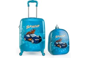 KOTEK 2 PCS Kids Luggage, 16” Hardside Carry On Luggage with Wheels & Hardshell Backpack, Toddler Rolling Suitcase for Boys a