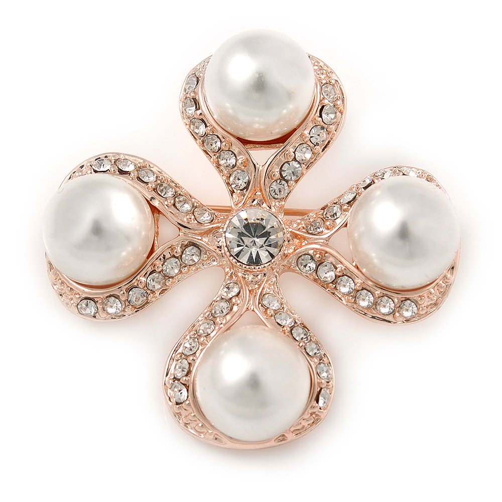 Vintage Inspired White Glass Pearl Crystal Cross Brooch In Rose Gold Metal - 45mm
