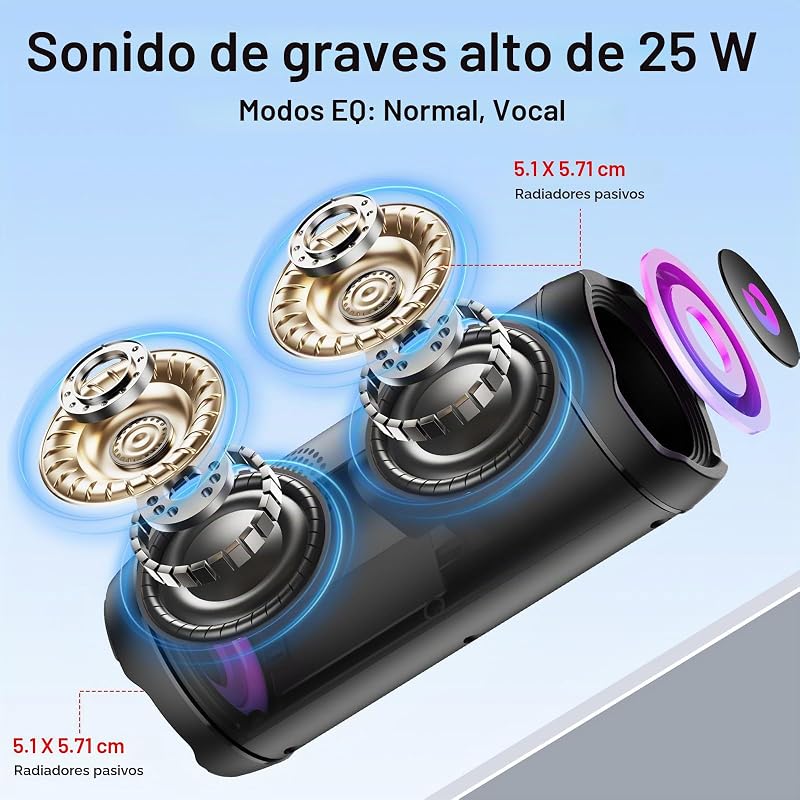 Altavoz Bluetooth Portátil 25W, Potente Altavoz Bluetooth, Altavoces Graves Duales, 25H Reproducción, IPX7, RGB, Emparejamiento TWS, AUX, TF, USB, Ideal Para Actividades Aire Libre, Fiestas,Viajes.
