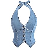 Milumia Women's Denim Halter Top Tie Backless Button Front Slim Fit Vests