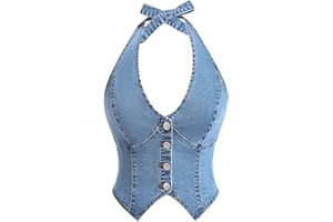 Milumia Women's Denim Halter Top Tie Backless Button Front Slim Fit Vests