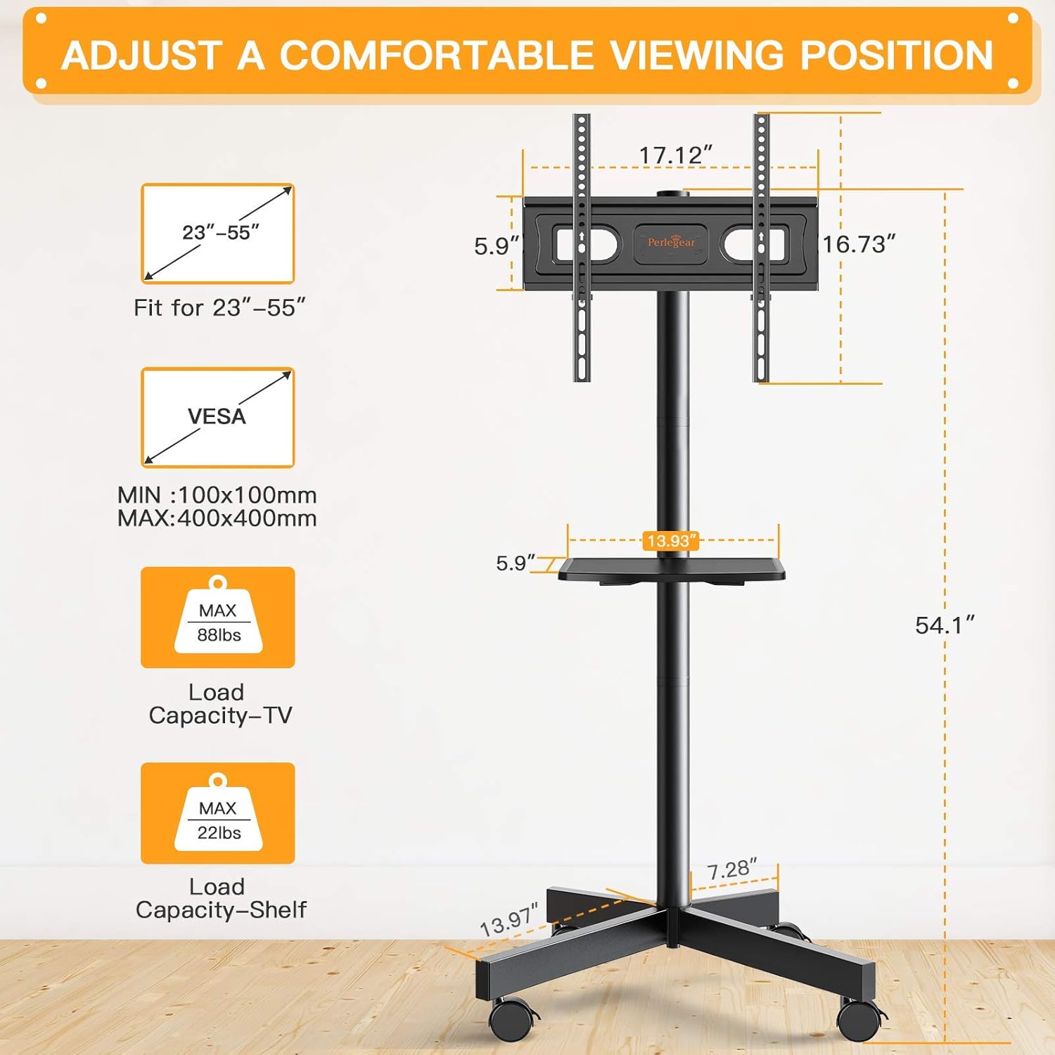 Mobile TV Cart on Wheels Fit for 23-55 Inch LED Flat Screen/Curved Outdoor TVs Tilting TV Stand with Height Adjustable Shelf Max VESA 400x400mm Rolling Floor TV Trolley Holds up to 88lbs - PGTVMC06 : Office Products