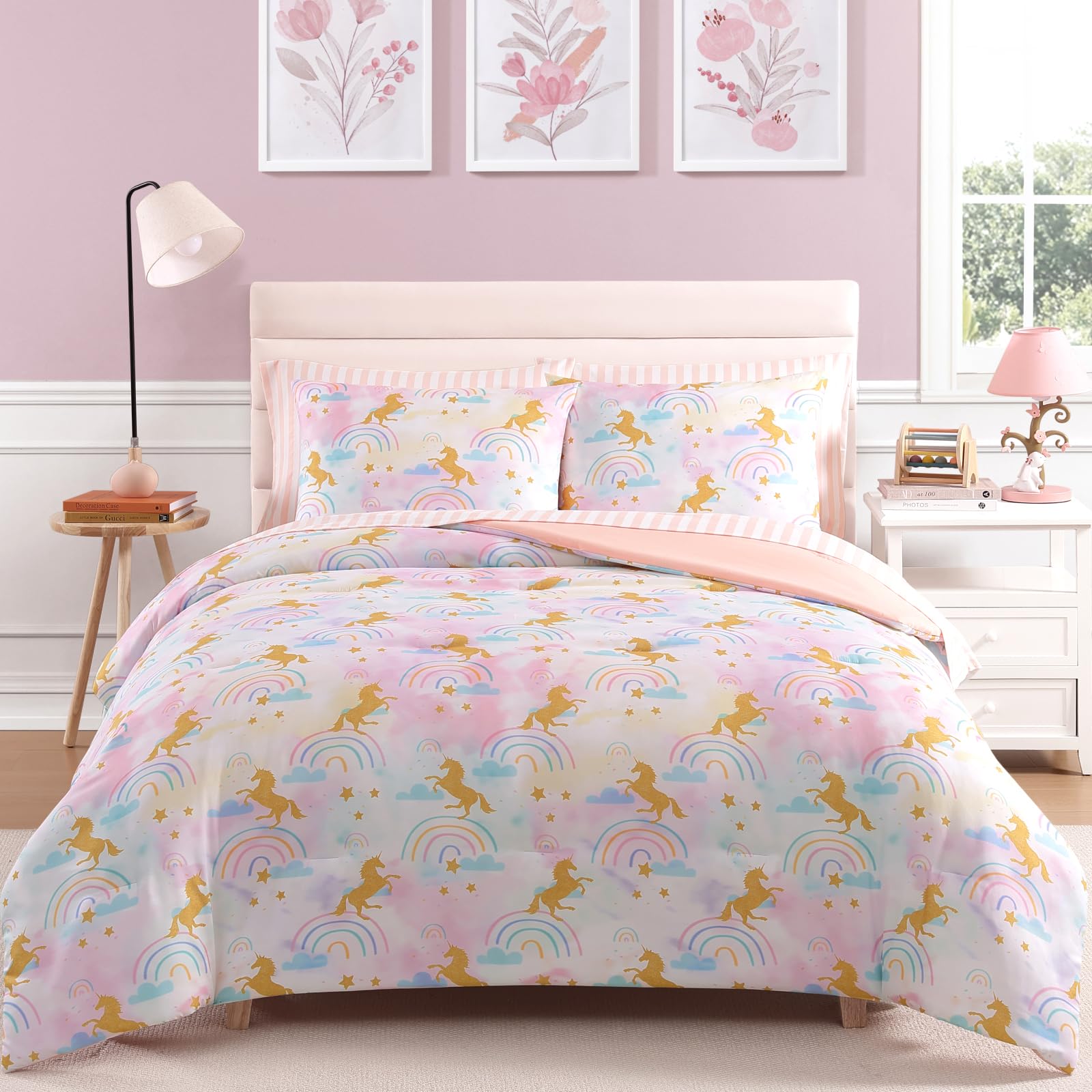 Wink Deer Queen Comforter Set with Sheets for Girls-7 Pieces Queen Bedding Sets with Pink Comforter, Sheets, Pillowcases & Shams for Kids (Gold Unicorn, 90" X 90") Image