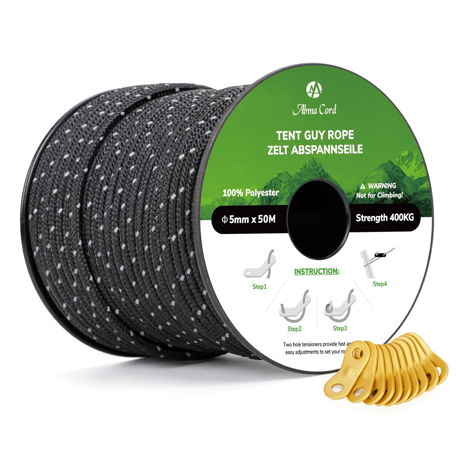 Abma Cord Tent Guy Ropes 5mm 50M Guy Line 10 Pcs Guy Rope Tensioners Heavy Duty Guide Rope for Camping, Gazebos, Awning, Tarp - Reflective Black