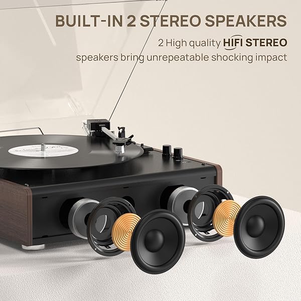 VINYL RECORD PLAYER BLUETOOTH WIRELESS TURNTABLE WITH BUILT-IN SPEAKERS AND 3 SPEED BELT-DRIVEN VINTAGE PHONOGRAPH RECORD PLAYER WITH MAGNETIC CARTRIDGE, RCA OUT, AUX IN, HEADPHONE JACK (BROWN)