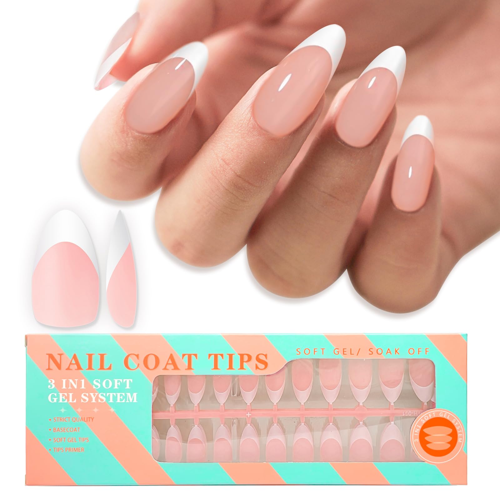 Medium Almond Gel Nail Tips French Tips-Nude Soft Gel Fake Nail Tips 15 Sizes 150Pcs Pre-Primer&Base Coat&Color Gels French Nail Tips, DIY Press On Nail Tips for Nail Extension