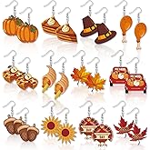 12 Pairs Thanksgiving Fall Earrings for Women Leopard pumpkin Maple Leaf Turkey Sunflower Pine Cone Drop Dangle Earrings Set Autumn Thanksgiving Jewelry Gifts
