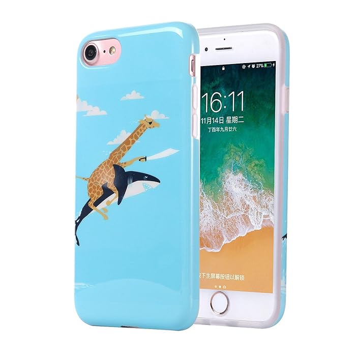 iPhone 6 Case, iPhone 6s Case Cute for Girls, Best Protective Slim Shockproof Glossy Soft Flexible Clear Rubber TPU Silicone Cover Phone Case for Apple iPhone 6 / 6s (Giraffe Riding Shark)