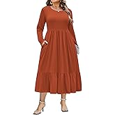 IN'VOLAND Women Plus Size Long Sleeve Dress Loose Casual Flowy Tiered Long Maxi Dresses with Pockets
