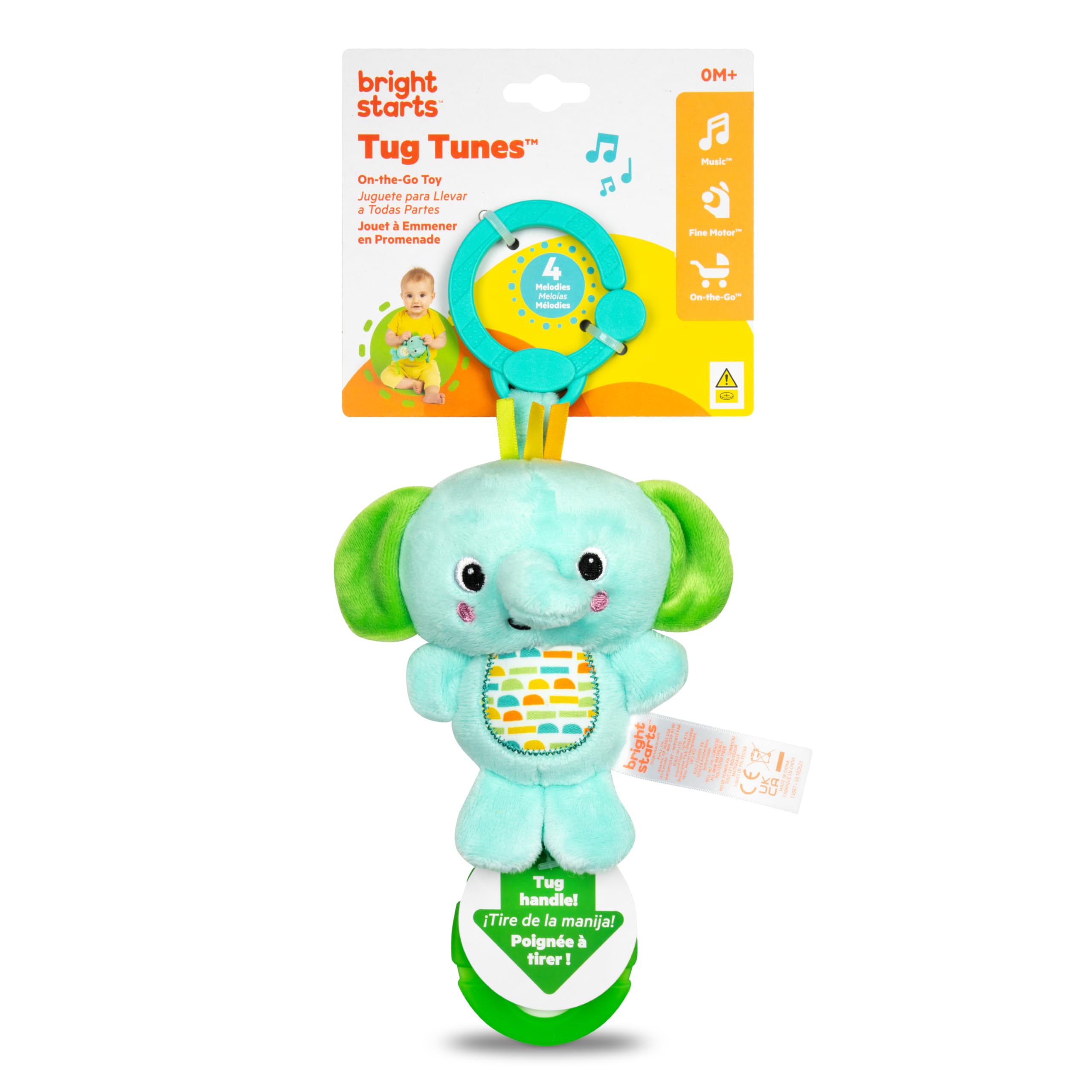 Bright Starts Tug Tunes On-The-Go Toy for Stroller and Carriers - Elephant - Unisex, Newborn +