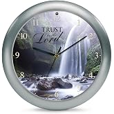 Mark Feldstein Waterfall Trust Three Hymn Sound Clock, 8 in, Silver | requires 3 AA batteries (not included); light sensor mutes hymns after dark; acrylic frame, glass face; ready to gift