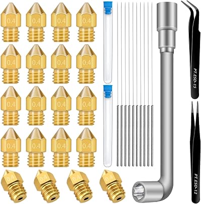 Hakkin 20x 0.4mm MK8 3D Printer Nozzles M6, 10 Needles, 2 Tweezers, 1 Spanner