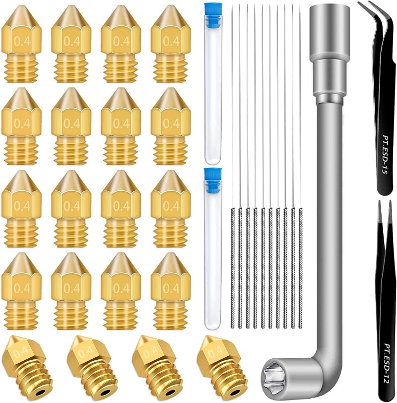 Hakkin 20x 0.4mm MK8 3D Printer Nozzles M6, 10 Needles, 2 Tweezers, 1 Spanner