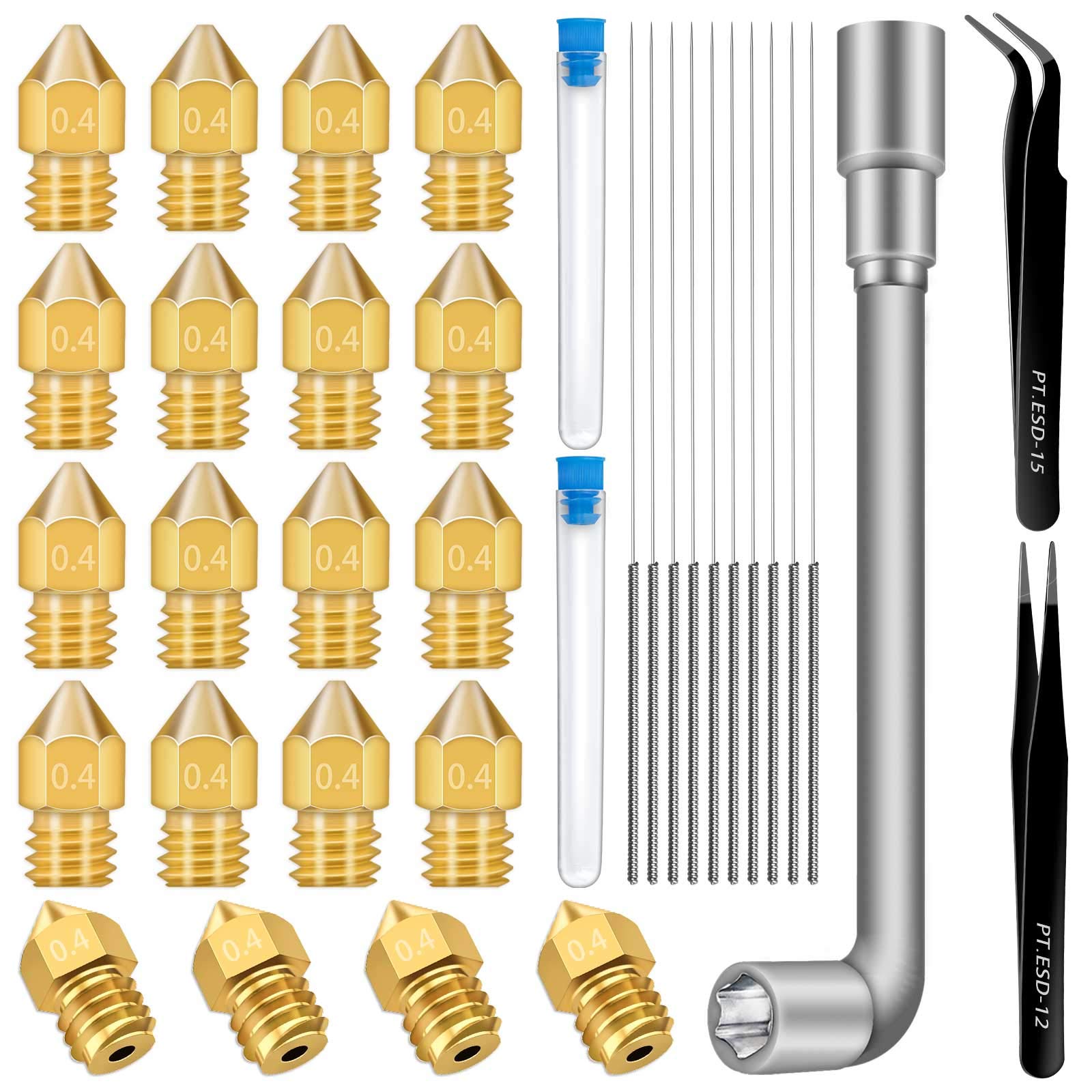 Hakkin 20PCS 0.4mm 3D Printer Nozzles MK8 Extruder Nozzles,with 10 PCS Stainless Steel Nozzle Cleaning Needles,2PCS Precision Tweezer, 1PC Nozzle Spanner for Makerbot Creality CR-10 Ender 3 5