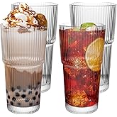 CHPINDAM Drinking Glasses,19oz Ribbed Glassware, 4 Pack Old Fashioned Glasses,Thickened glass for iced coffees, smoothies, cocktails and juices, perfect for families and parties (4)