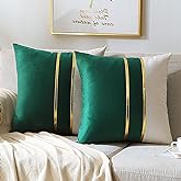 WACOMECO Velvet Throw Pillow Covers - Pack of 2 Soft Decorative Cushion Covers Cases with Gold Leather for Sofa Bedroom Livingroom Car, 18 x 18 in, Dark Green and White