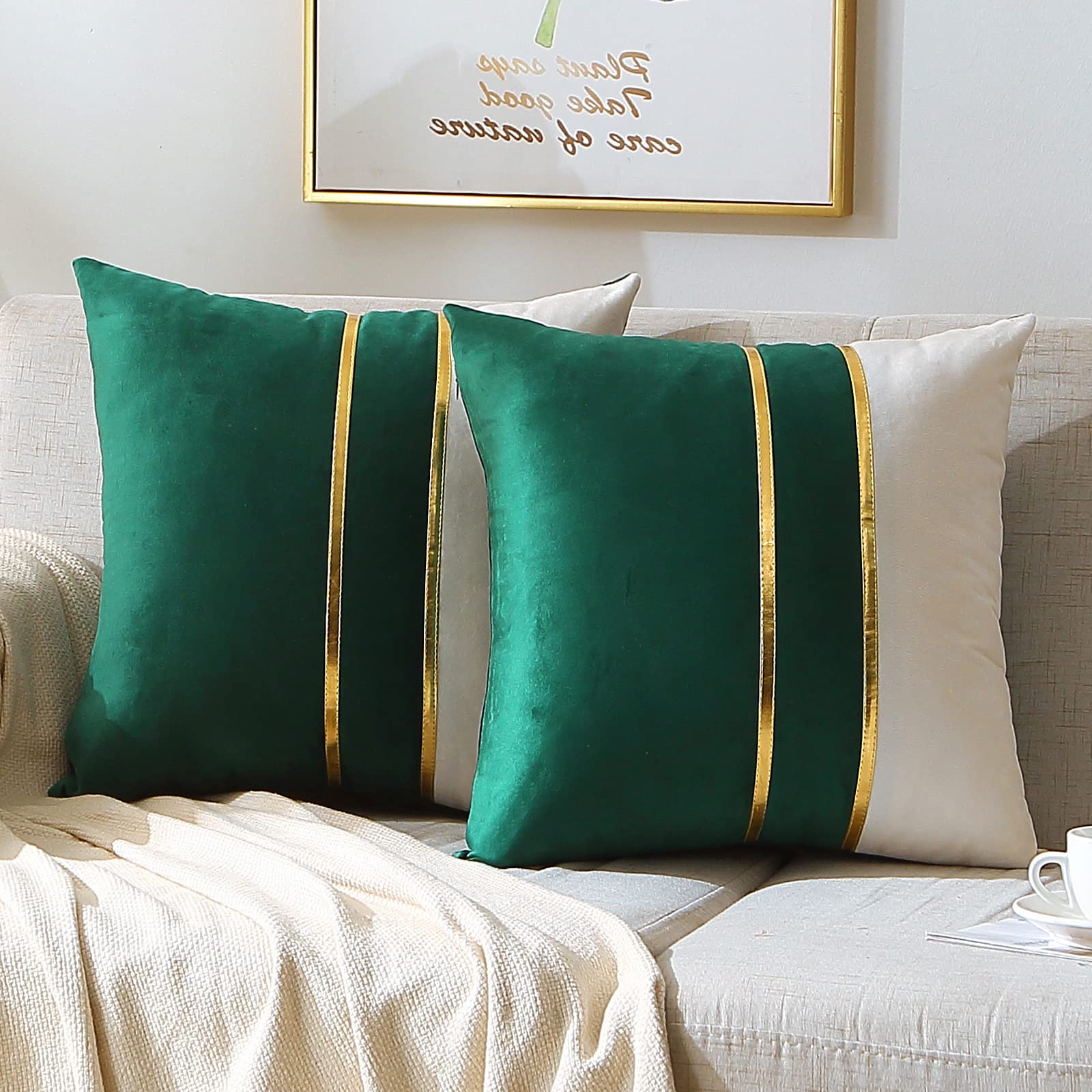 Photo 1 of WACOMECO Velvet Throw Pillow Covers - Pack of 2 Soft Decorative Cushion Covers Cases with Gold Leather for Sofa Bedroom Livingroom Car, 18 x 18 in, Dark Green and White