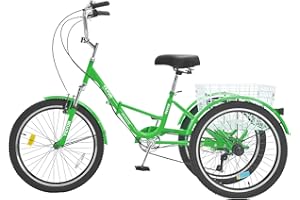 VEVOR Folding Adult Tricycle, 24-Inch 7-Speed Adult Folding Trikes, Carbon Steel 3 Wheel Cruiser Bike with Basket & Adjustabl