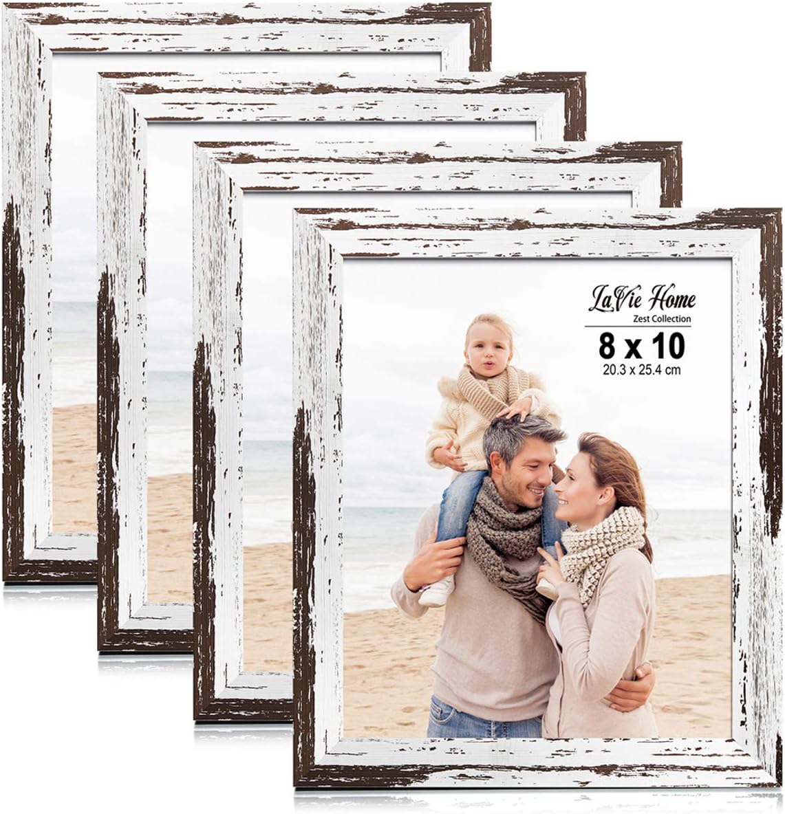 LaVie Home 8x10 Picture Frames (4 Packs, Distressed White) Wooden Textured Finish Photo Frame with High Definition Glass for Wall Mount & Tabletop Display